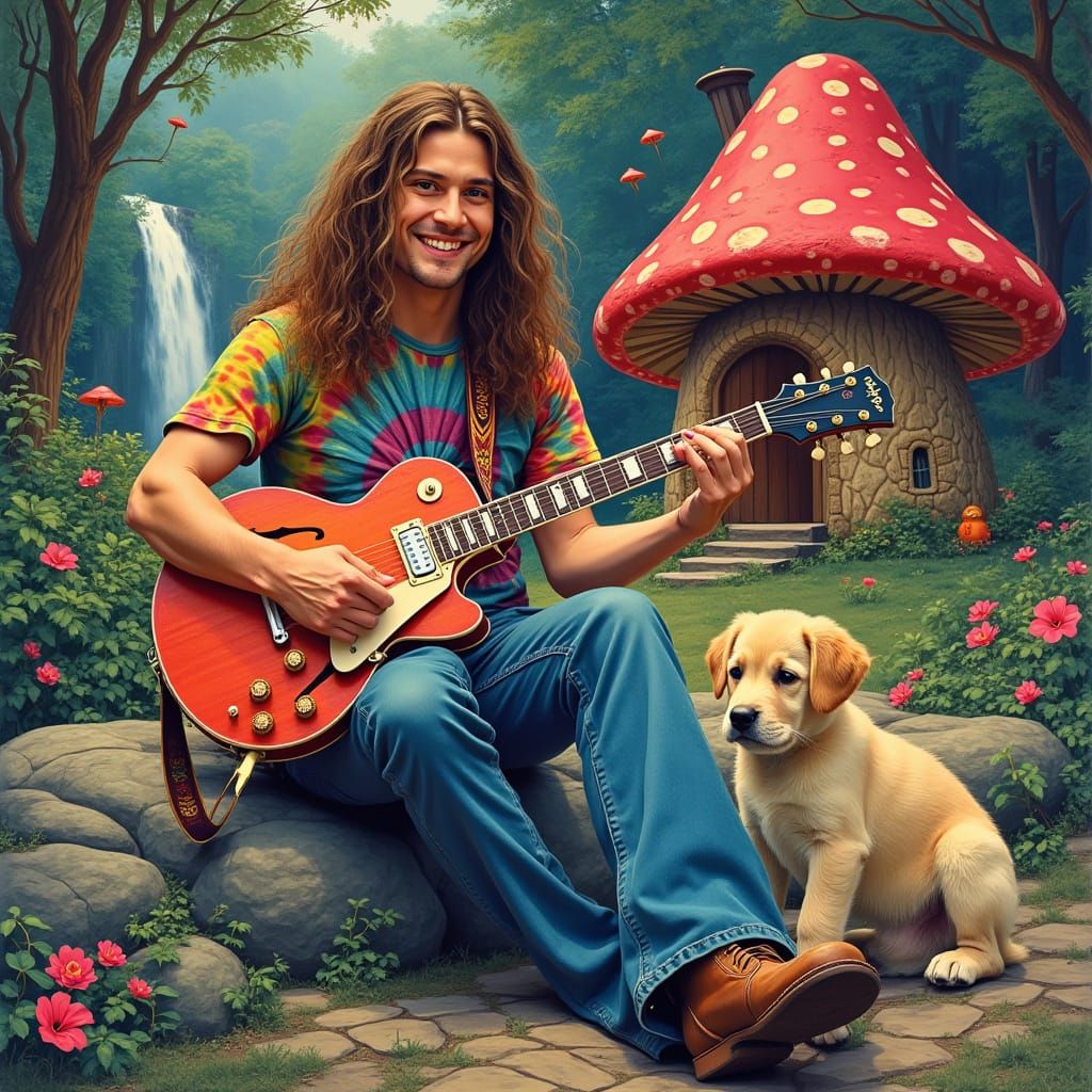 Hippie Man and Puppy in Psychedelic Forest Art