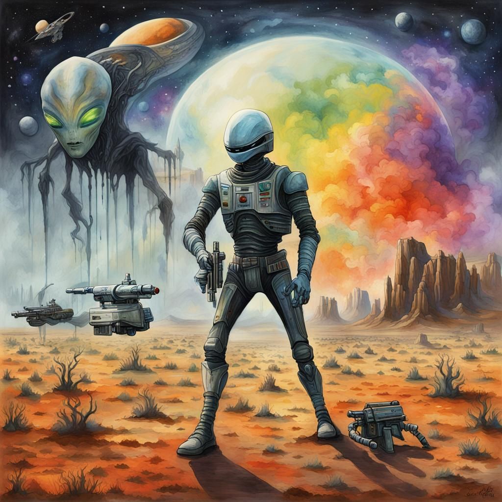 Alien Gunslinger vs Robot Outlaw: Surreal Movie Poster