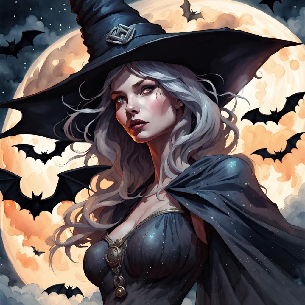 Watercolor Witch with Bats and Full Moon