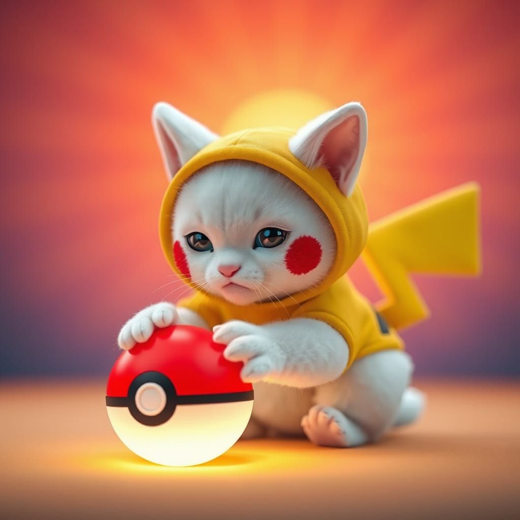 A closeup of an adorable white cat dressed in Pokémon outfit...