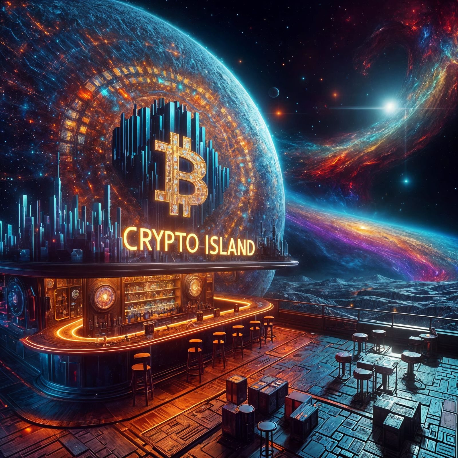 Galactic Crypto Bar on Blockchain Planet in Splash Art