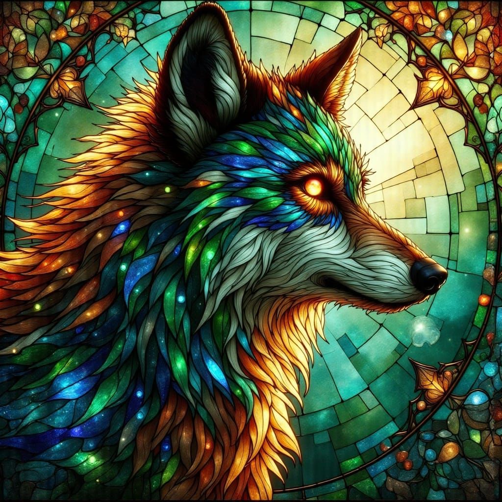 Mystical Stained Glass Wolf in Emerald and Sapphire