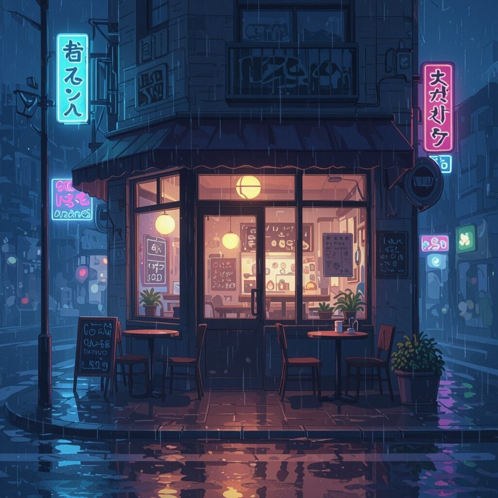 Cozy Anime Cafe at Night in Gentle Rain