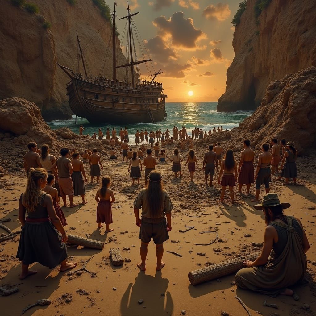 Hyperrealistic Shipwreck Survivors Stranded on a Beach