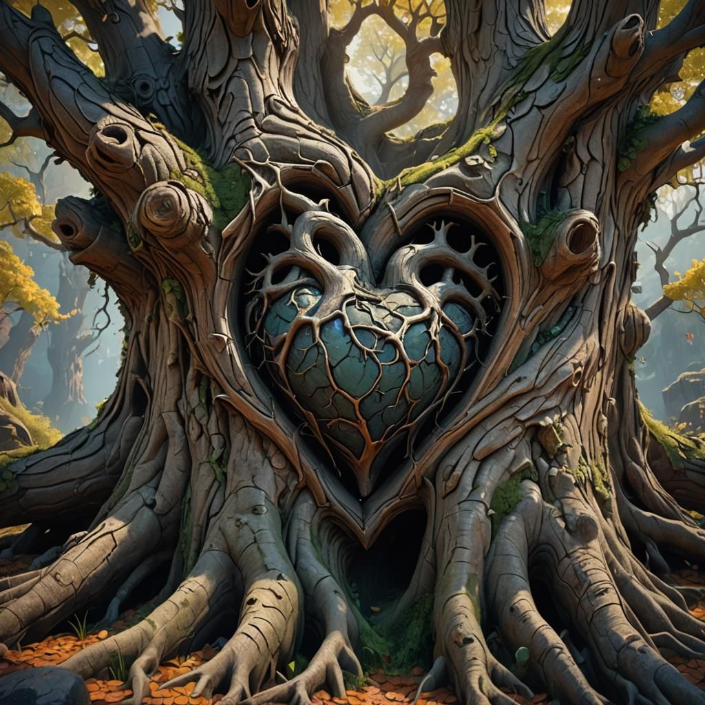 Stone Heart in Old Tree Trunk, Fantasy Art