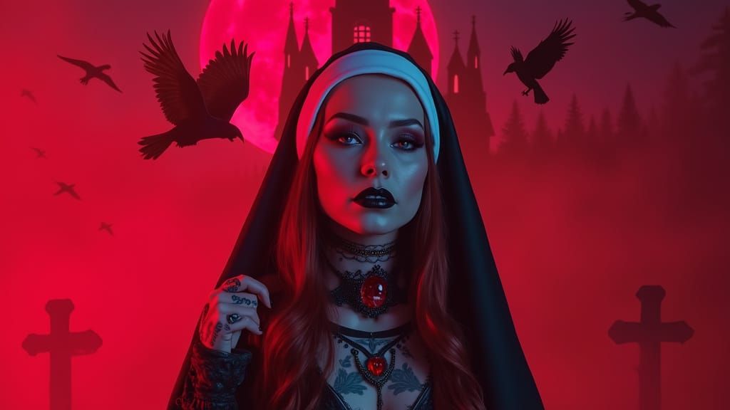 Gothic Vampire Nun Reigns in Dark, Mystical Landscape