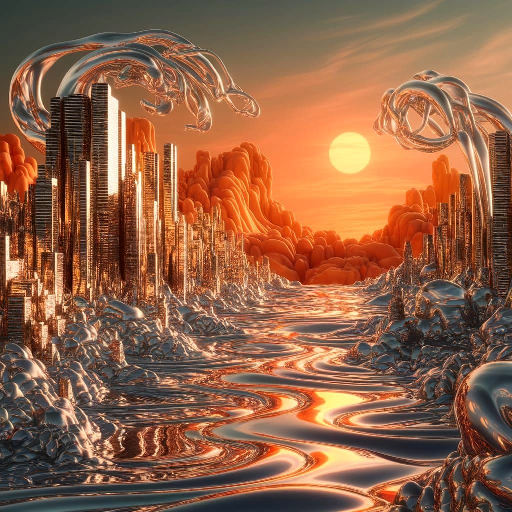 Liquid Mercury City at Sunset Digital Art