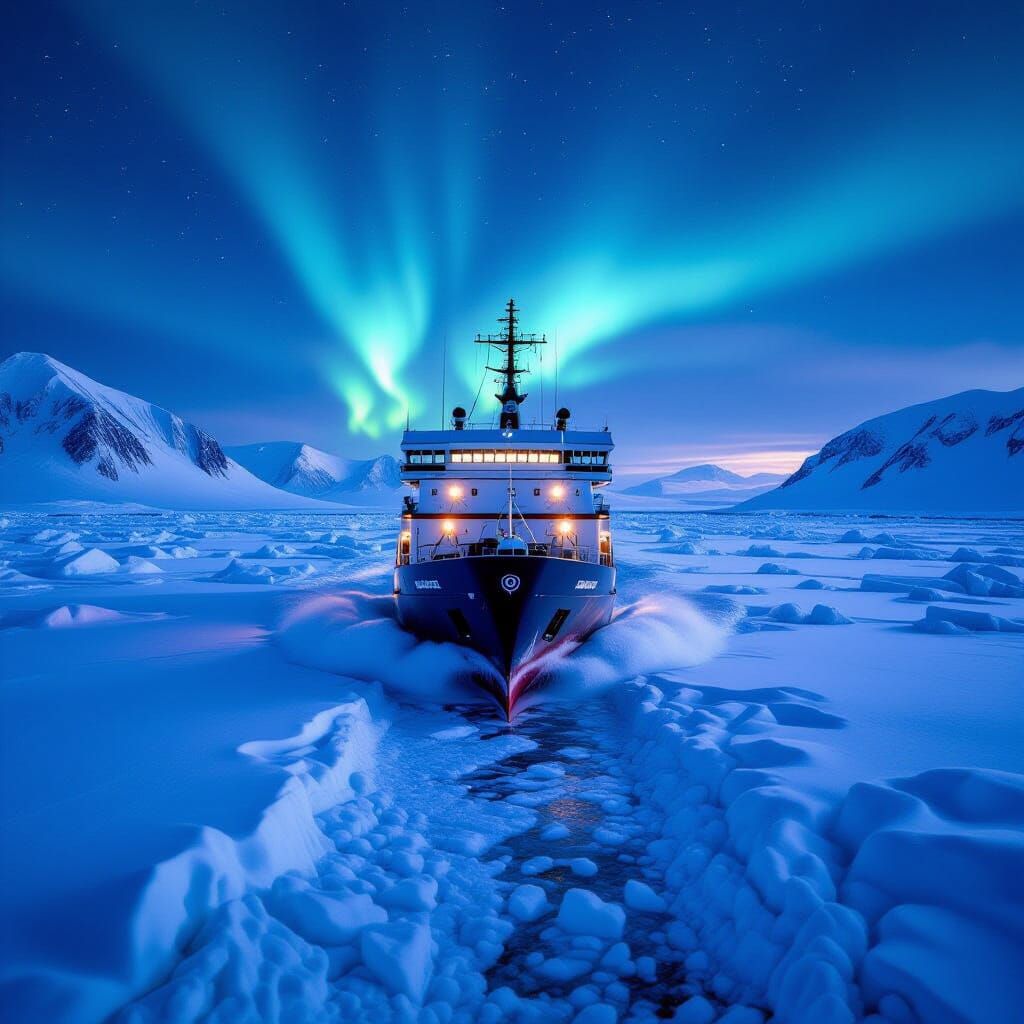 Majestic Icebreaker Ship in Aurora-Lit Winter Sea