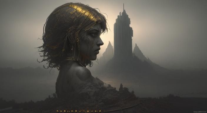 the complete destruction of the city of Akkad tearful Rabisu looking out at setting sun frank frezetta style fantasy wom...