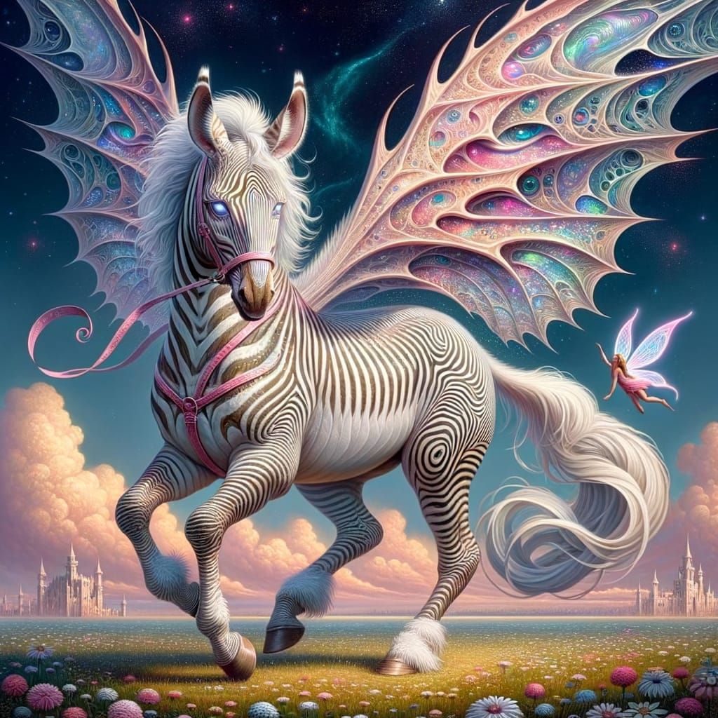 Enchanted Cosmic Zebra with Dragon Wings and Fairy