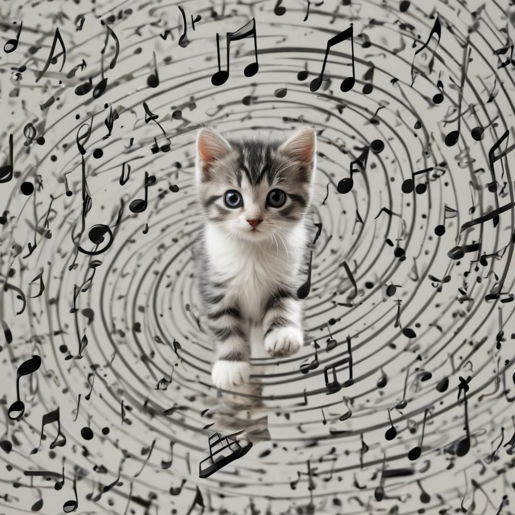Thrilled Kitten in Swirl of Flying Music Notes