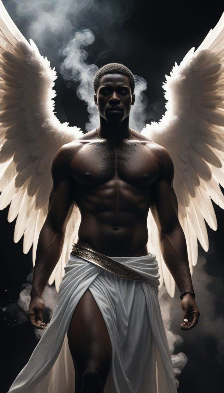 Dramatic Angel Emerges From Smoke With Glowing Wings