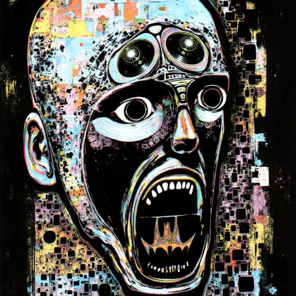 Head Devouring Reflection Amid Glitch Static