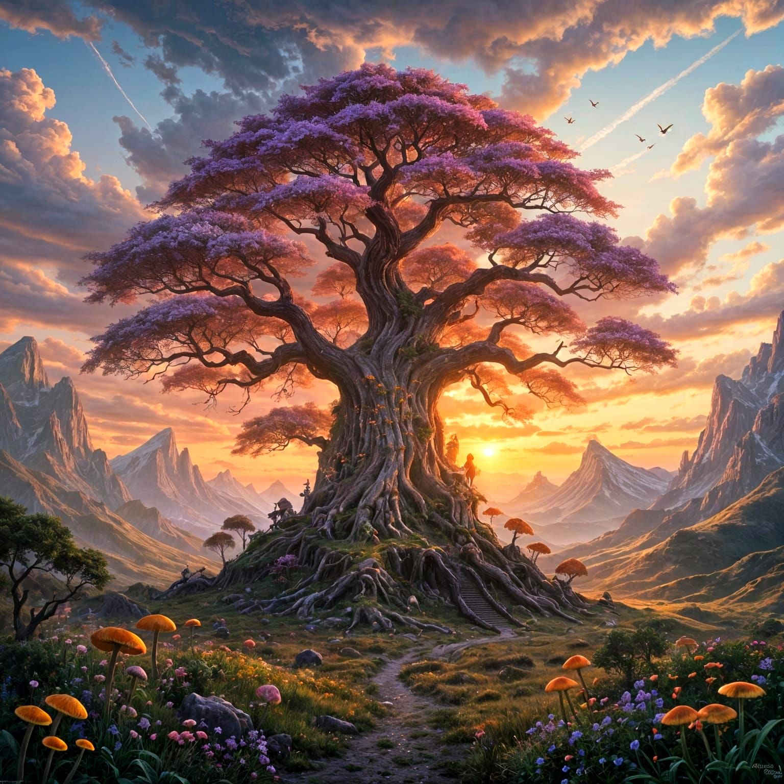 Titan Tree of Life in Lush Sunset Landscape