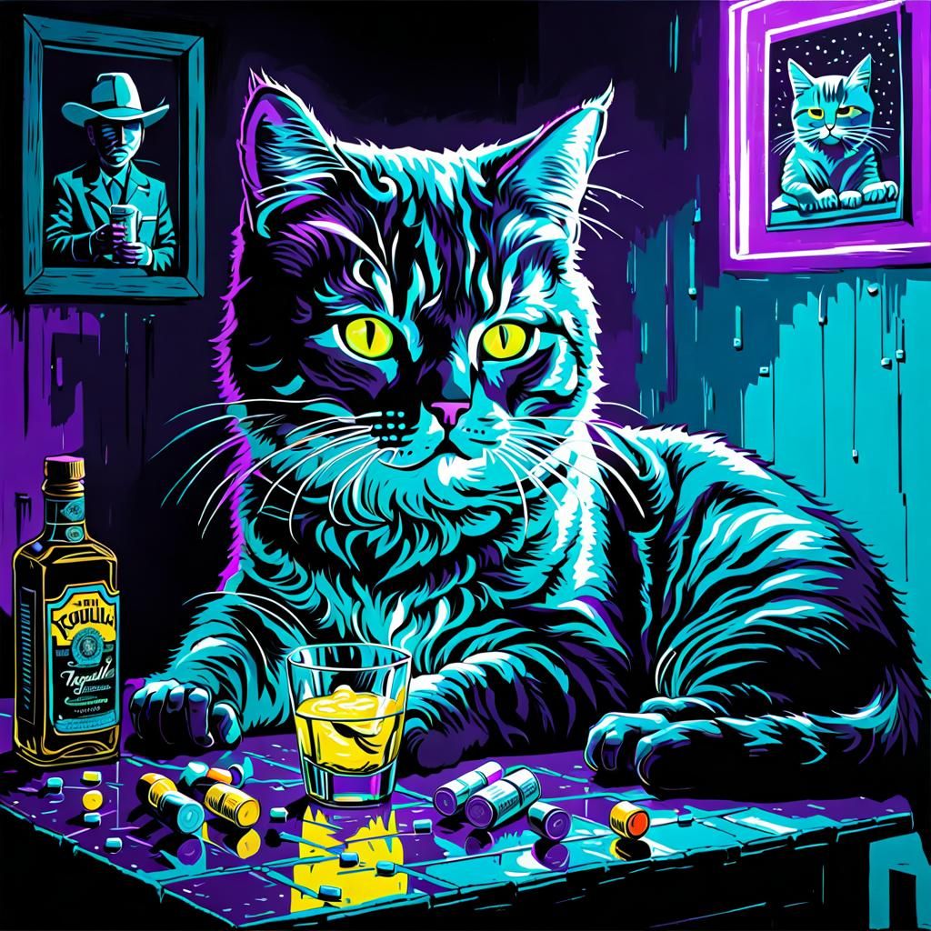 Cat Self-Medicating: An Impasto Blacklight Painting