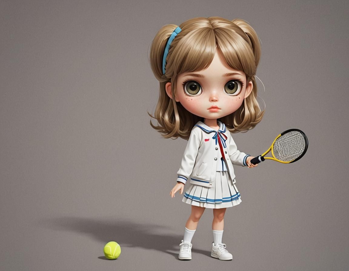 Cute Blythe Doll Playing Tennis in Anime Style
