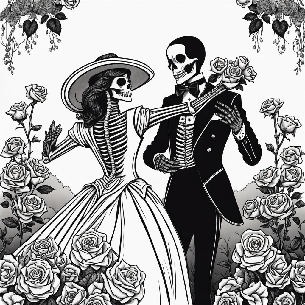Skeleton Couple's Flamenco Dance: Black and White Line Art