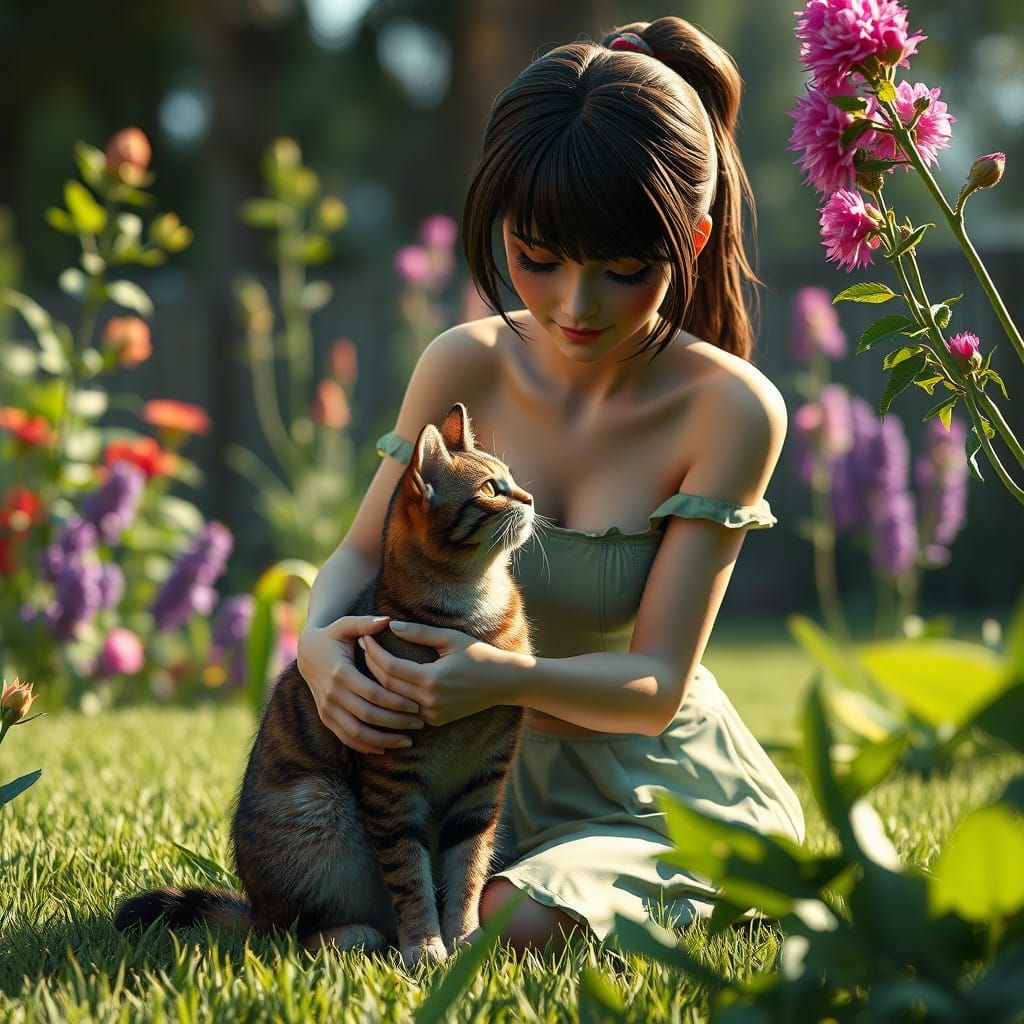 Cat and Cat Woman in a Vibrant Garden Scene