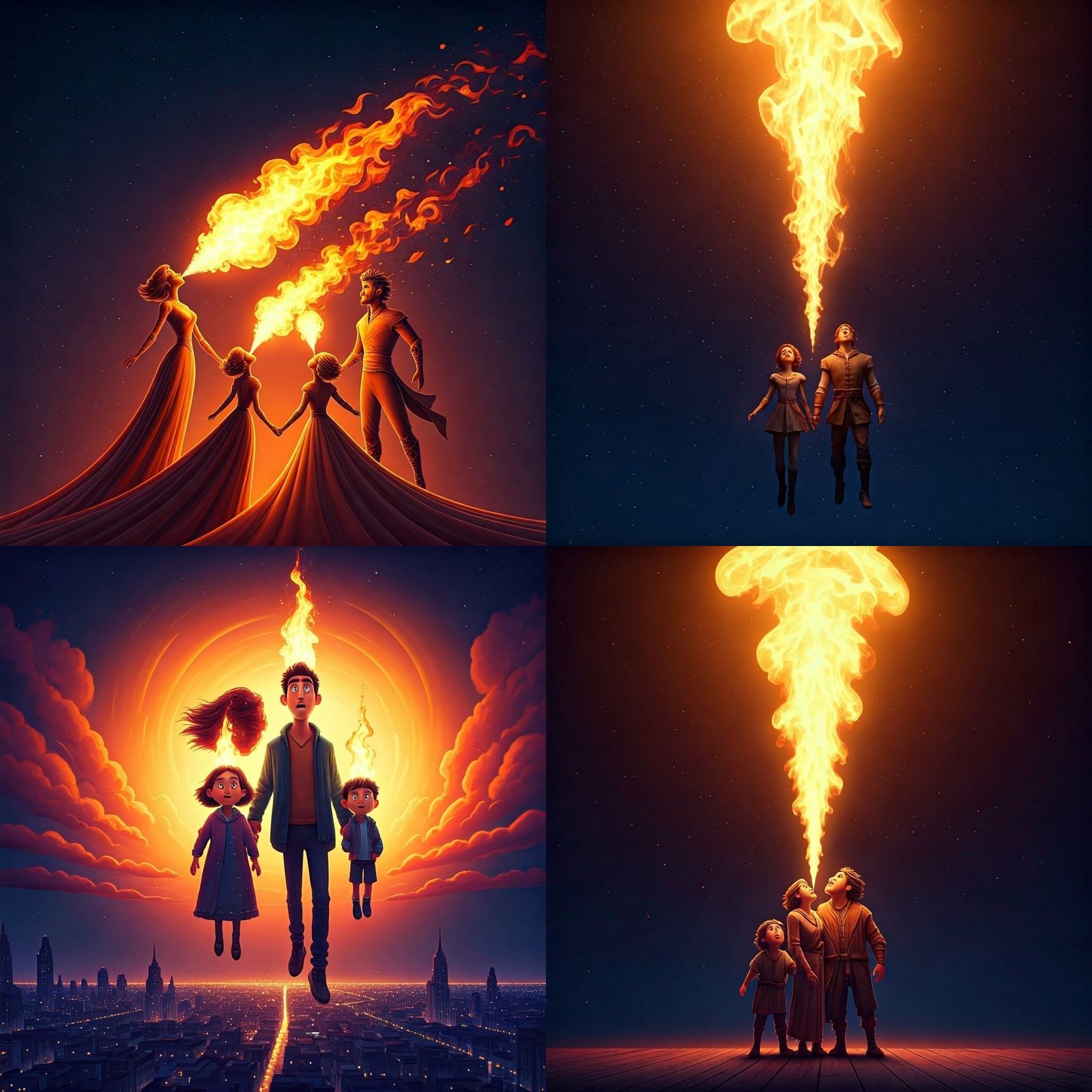 Family Breathes Fire in Night Sky: 3D Digital Art