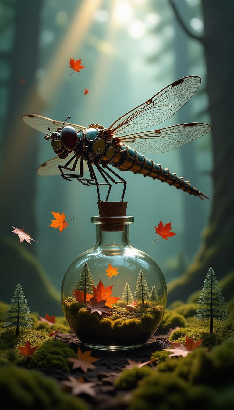 Steampunk Dragonfly Airship Over Potion Bottle