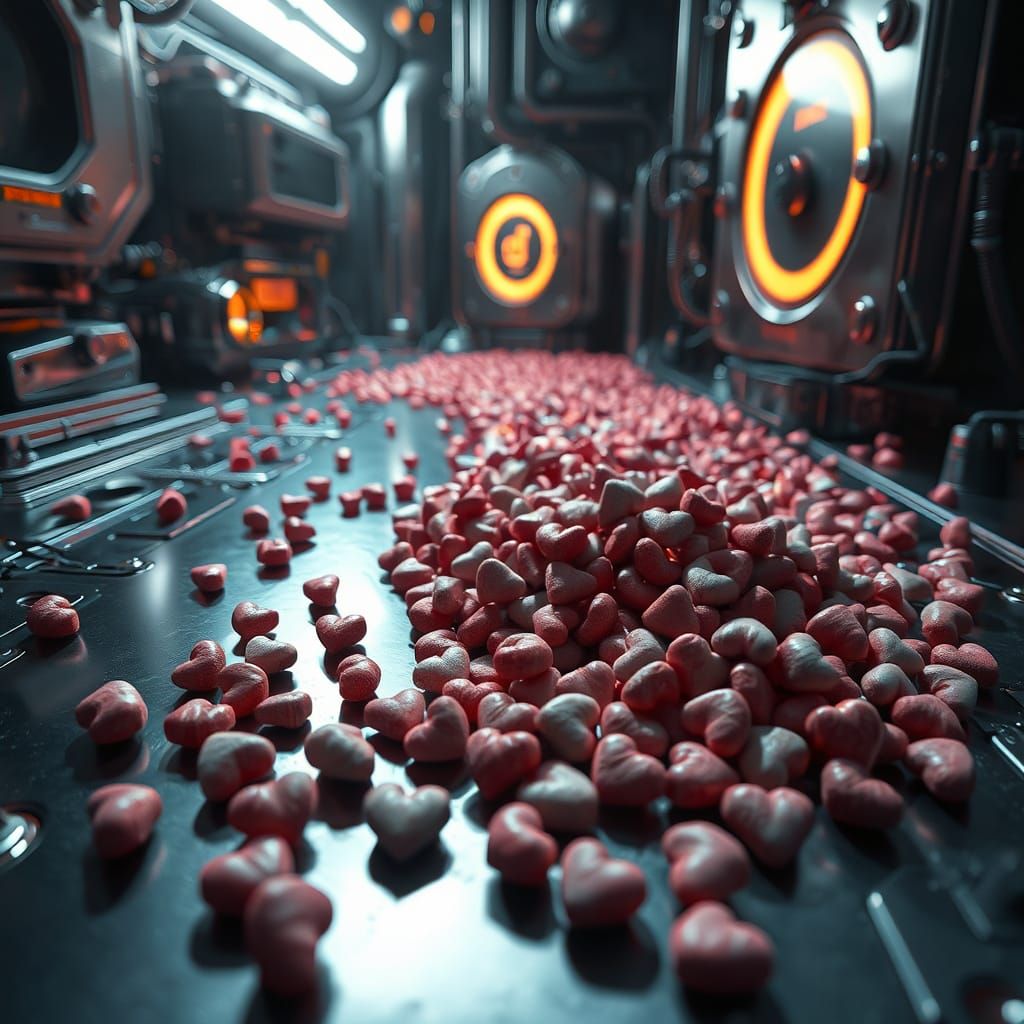 Sleek Conversation Hearts Scatter Across Futuristic Metallic...