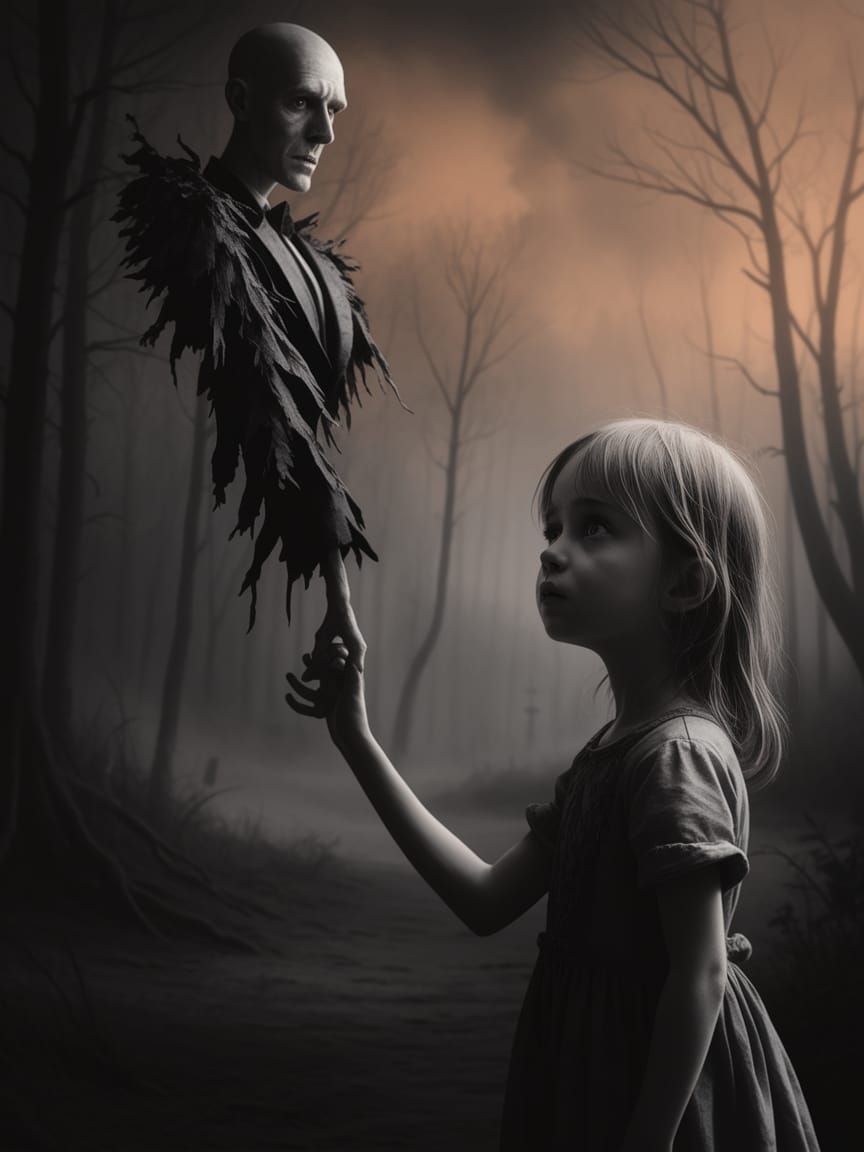 Slenderman, a tall, imposing figure with a blank, featureles...