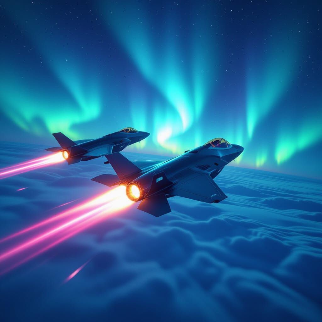 F-35 Jets Soaring Through Aurora Borealis in Fantasy Art Sty...