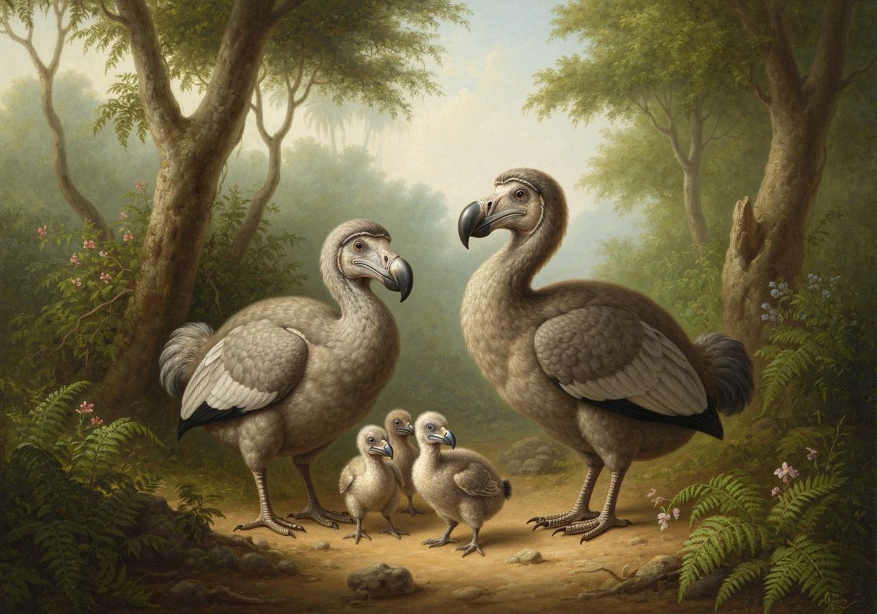 Dodo Family in Mauritius: Romantic Oil Painting