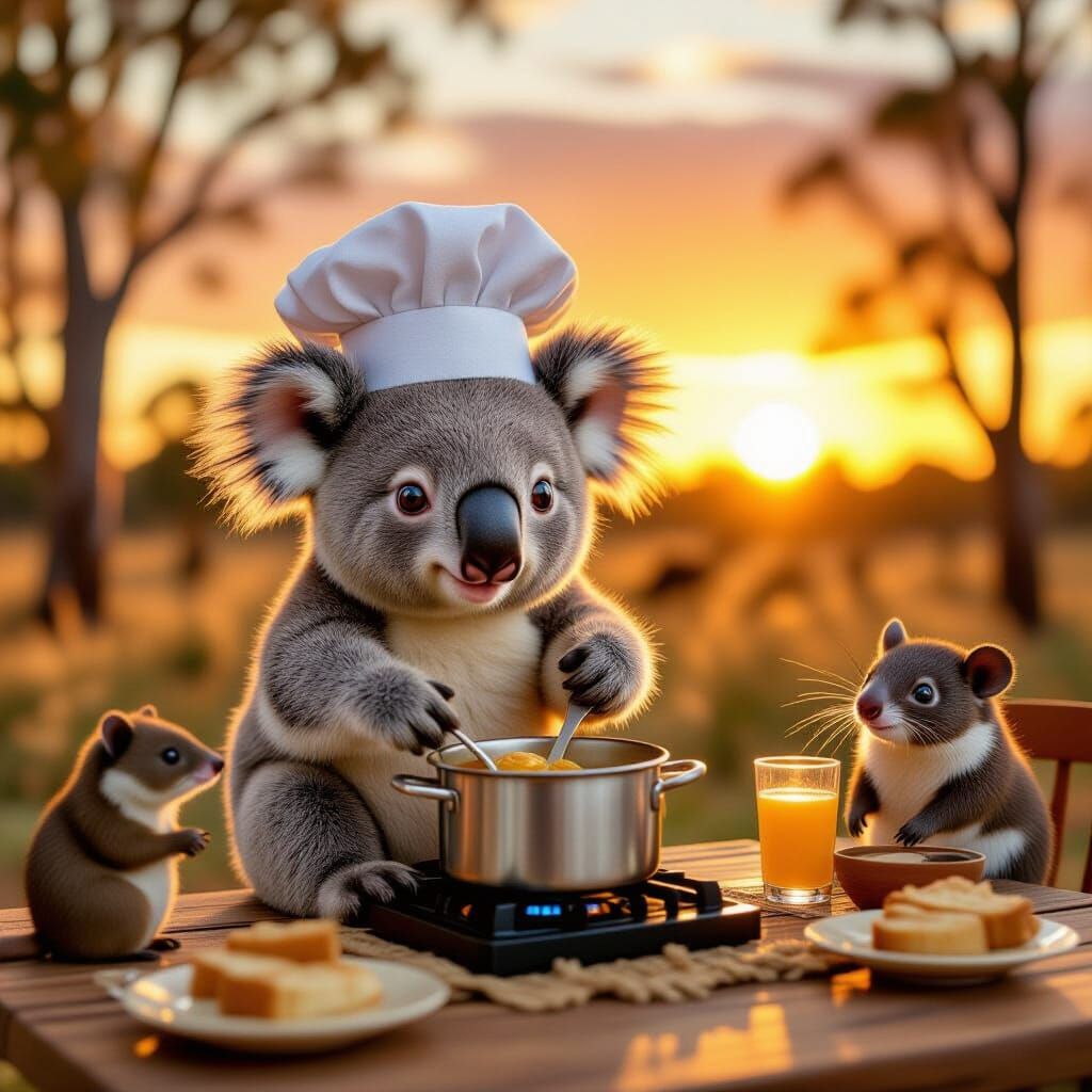 Koala Chef Cooking Outback Dinner: Hyperrealistic Whimsy