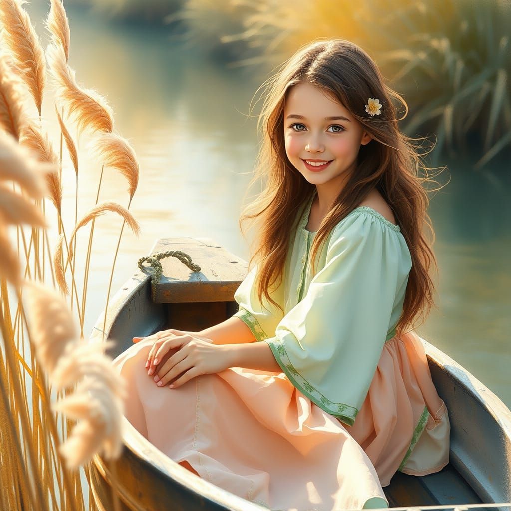 Serene Riverbank Scene with Young Girl in Worn Wooden Boat
