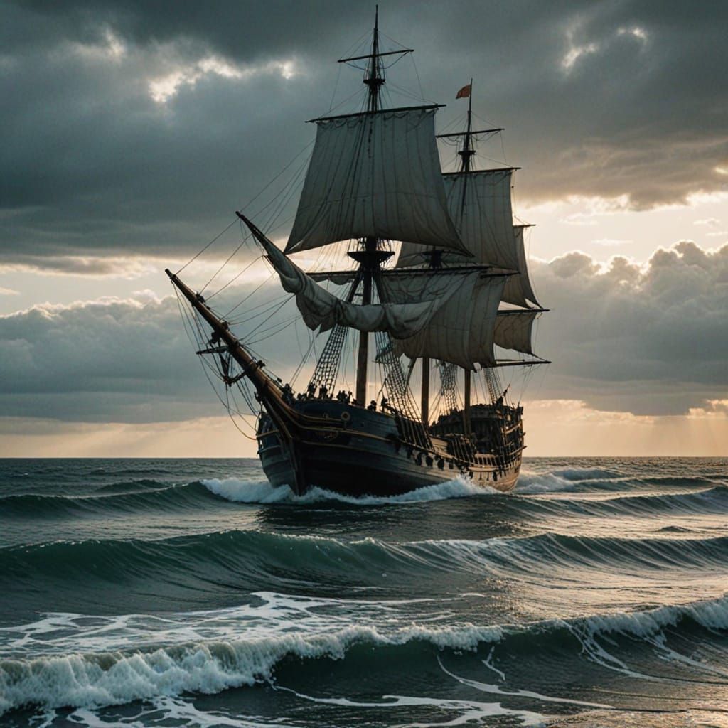 Mermaids Wrecking Ship in Golden Sunset