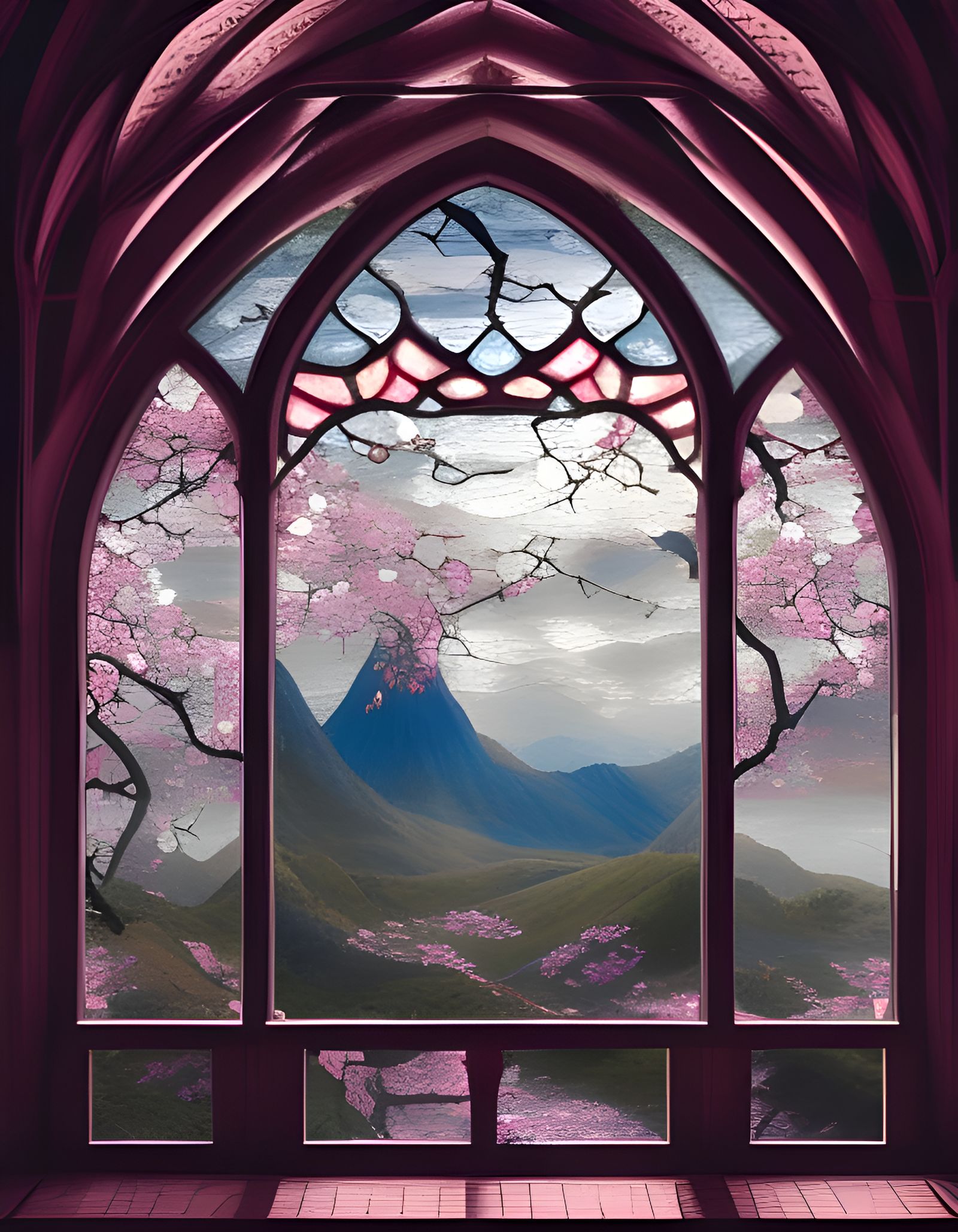 Sakura Blossom Stained Glass in Dark Fantasy Style