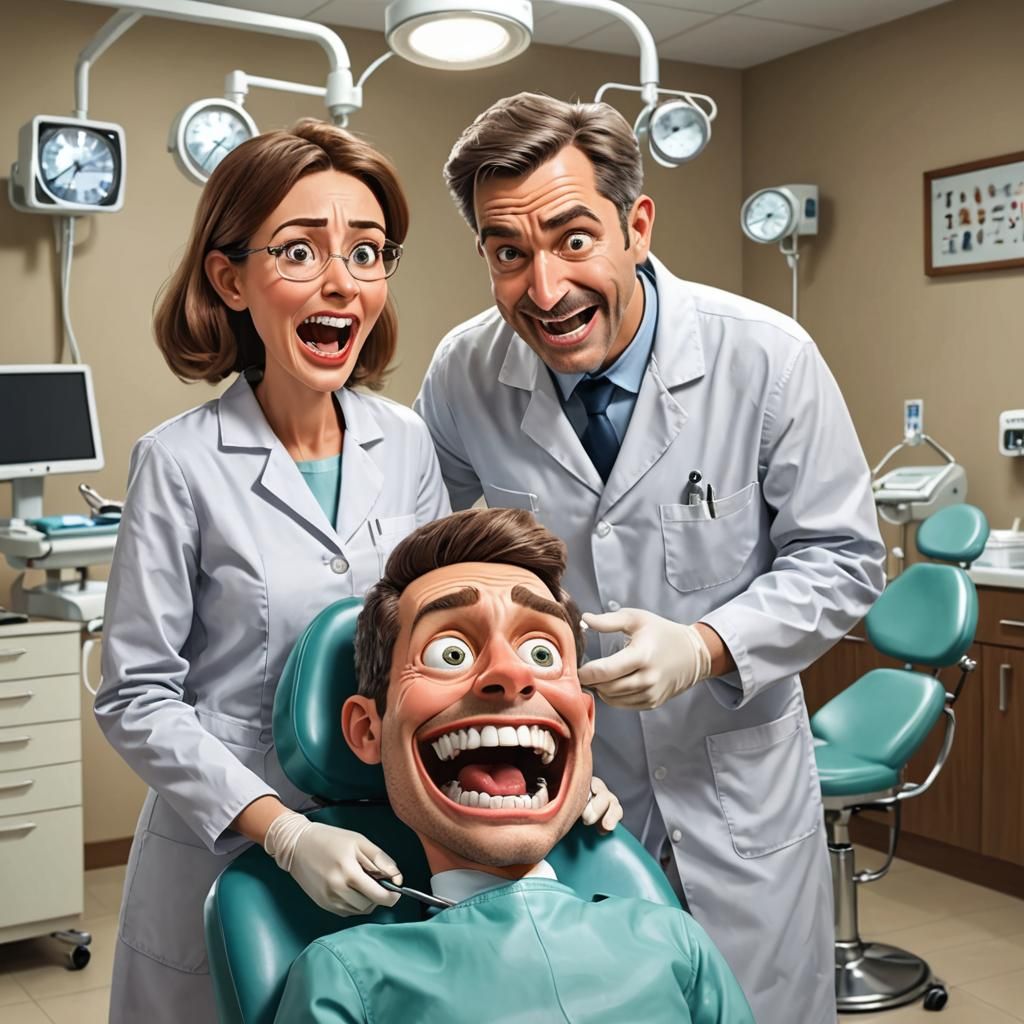Funny Caricature of Dentist with Scared Patient