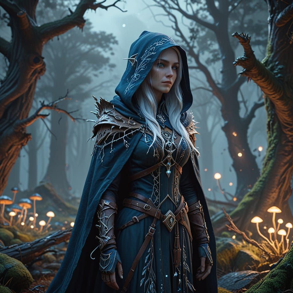 Beautiful female elf wizard with long silver hair and hazel blue eyes.