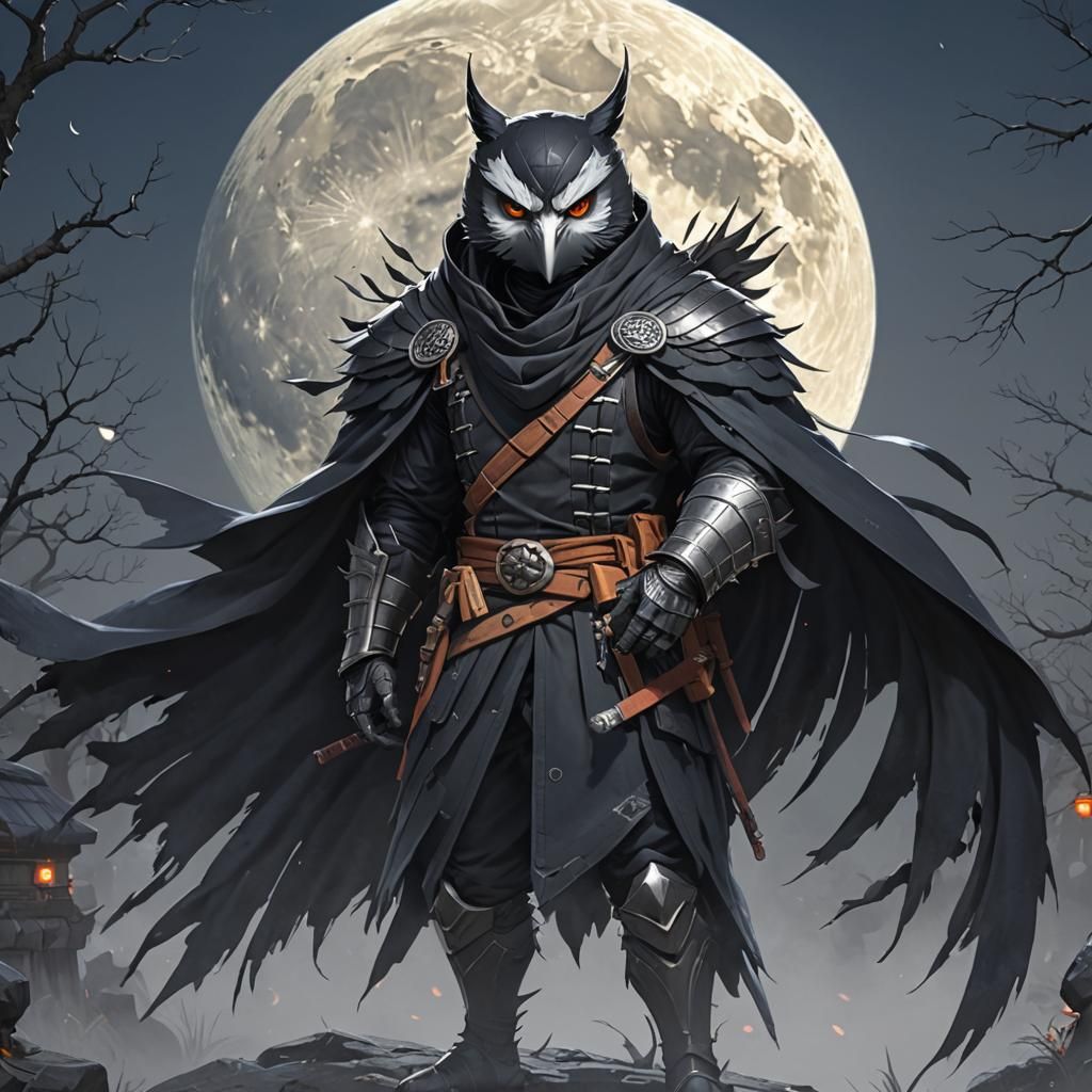 Brooding Owlin Ninja Under Pale Moonlight: 3D Anime Art