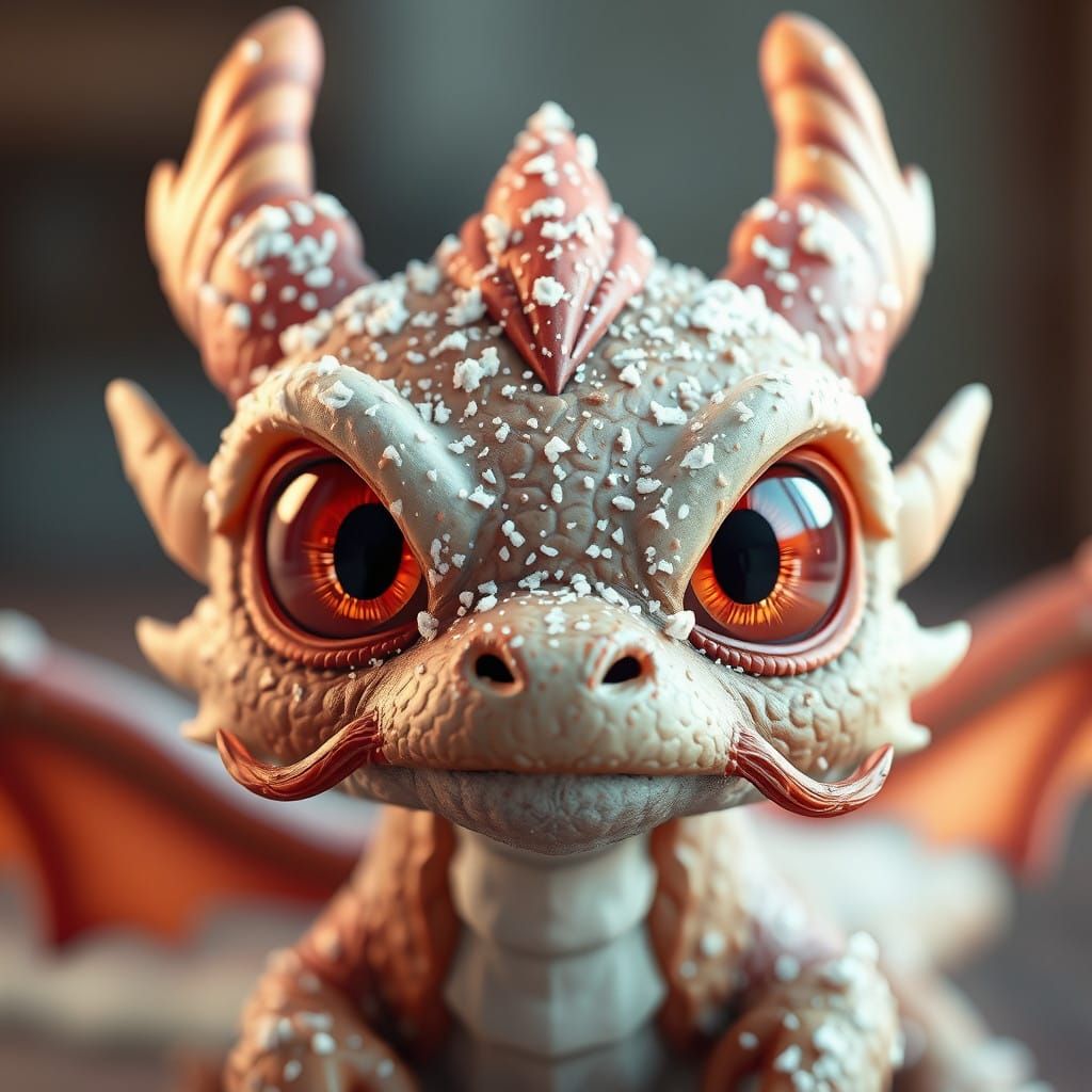 Cute Baby Dragon with Flakes and Mustache in 3D Anime Style