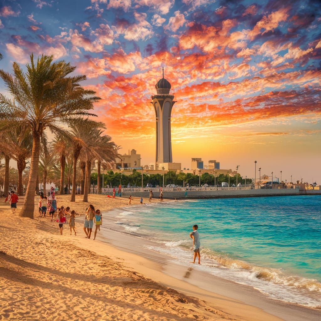 Jeddah Corniche: A Vibrant Sunset Beach Scene