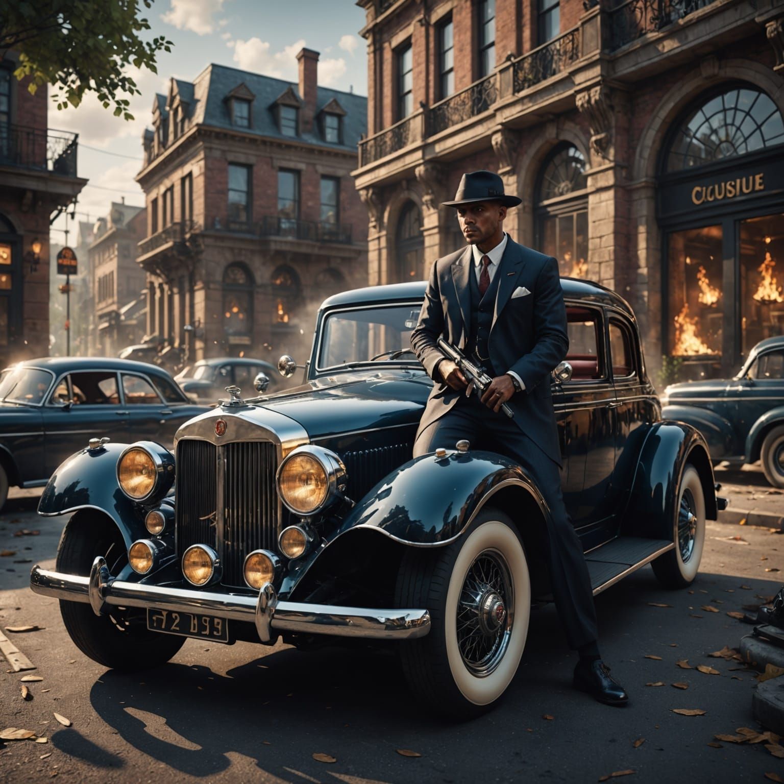 Gangster with Machine Gun and Classic Car