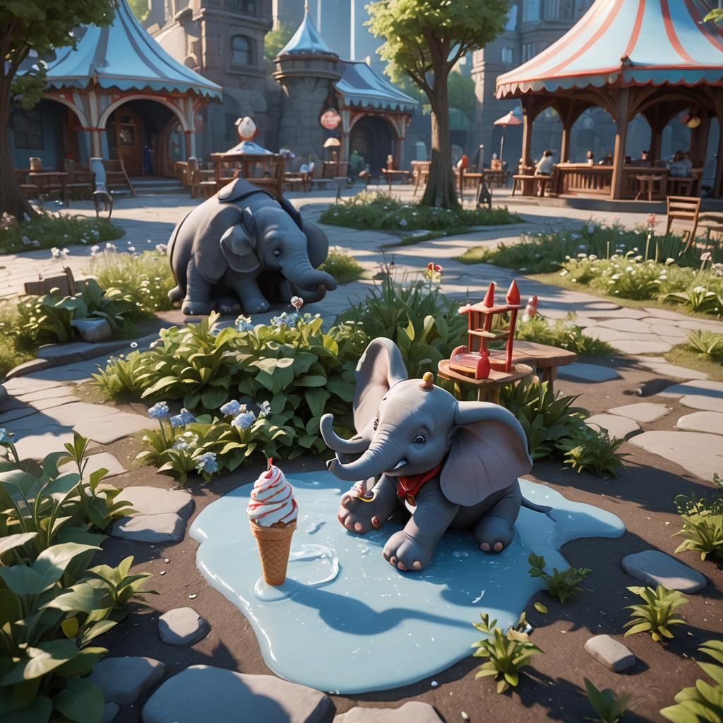 Dumbo Elephant Eats Ice Cream in Ice Cream Park