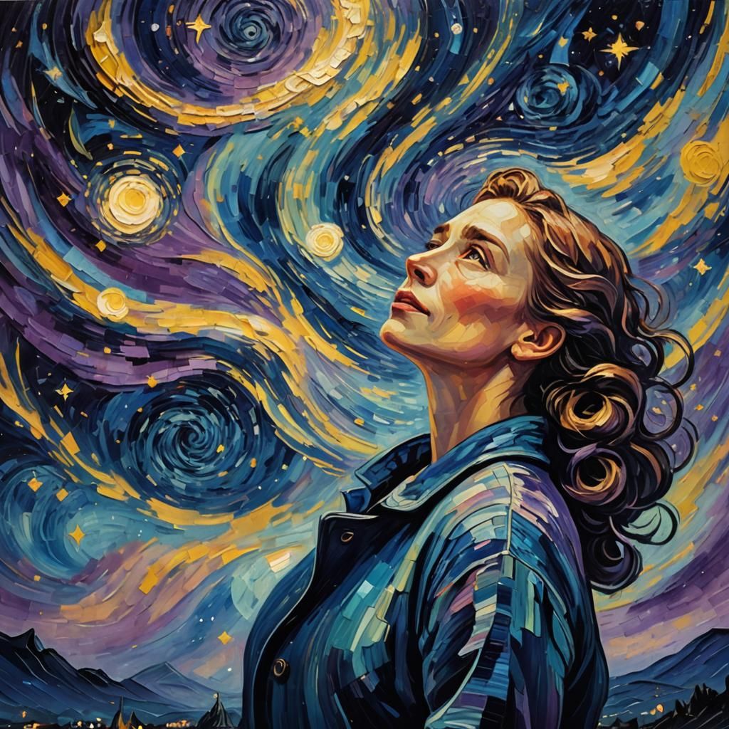 Starry Night: Woman Gazing Skyward in Van Gogh Style