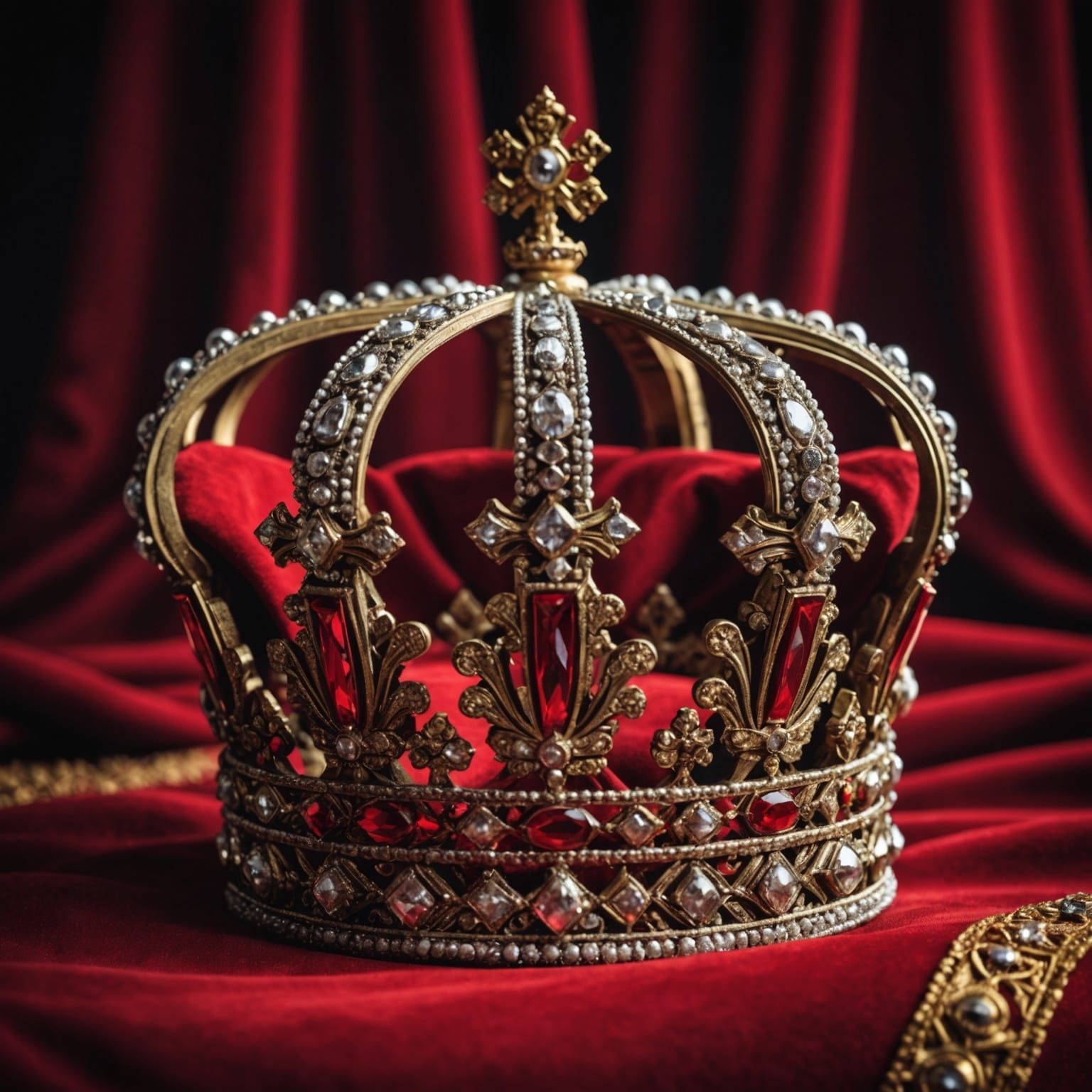 Golden Crown on Red Cloth: Hyperrealistic Detail