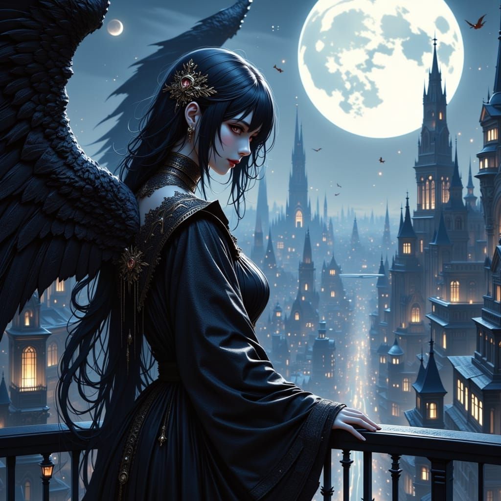 Dark Angelic Woman in Steampunk Attire Surveys Futuristic Ci...
