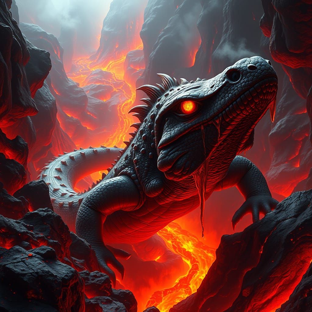 Magma Lizard in Volcanic Chasm, Hyper-Realistic