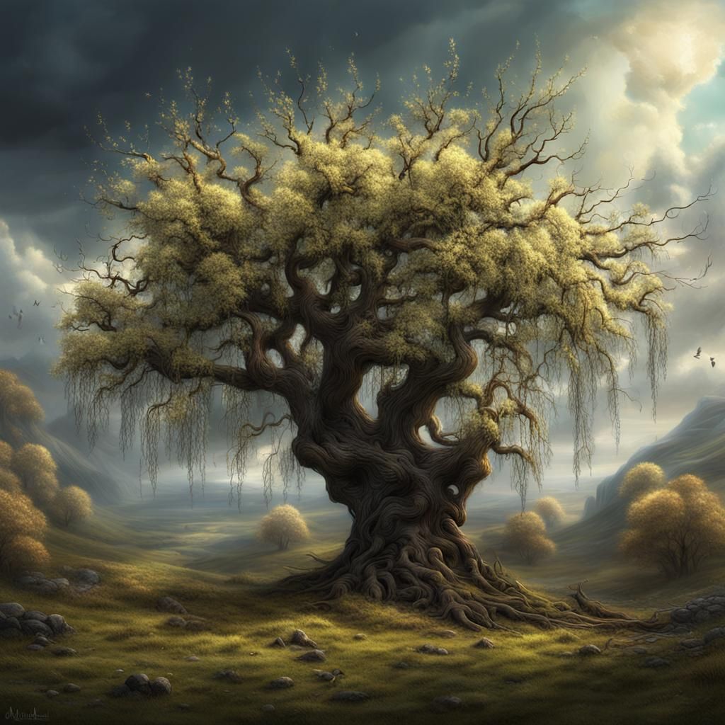 Detailed Tree with Catkins Digital Painting