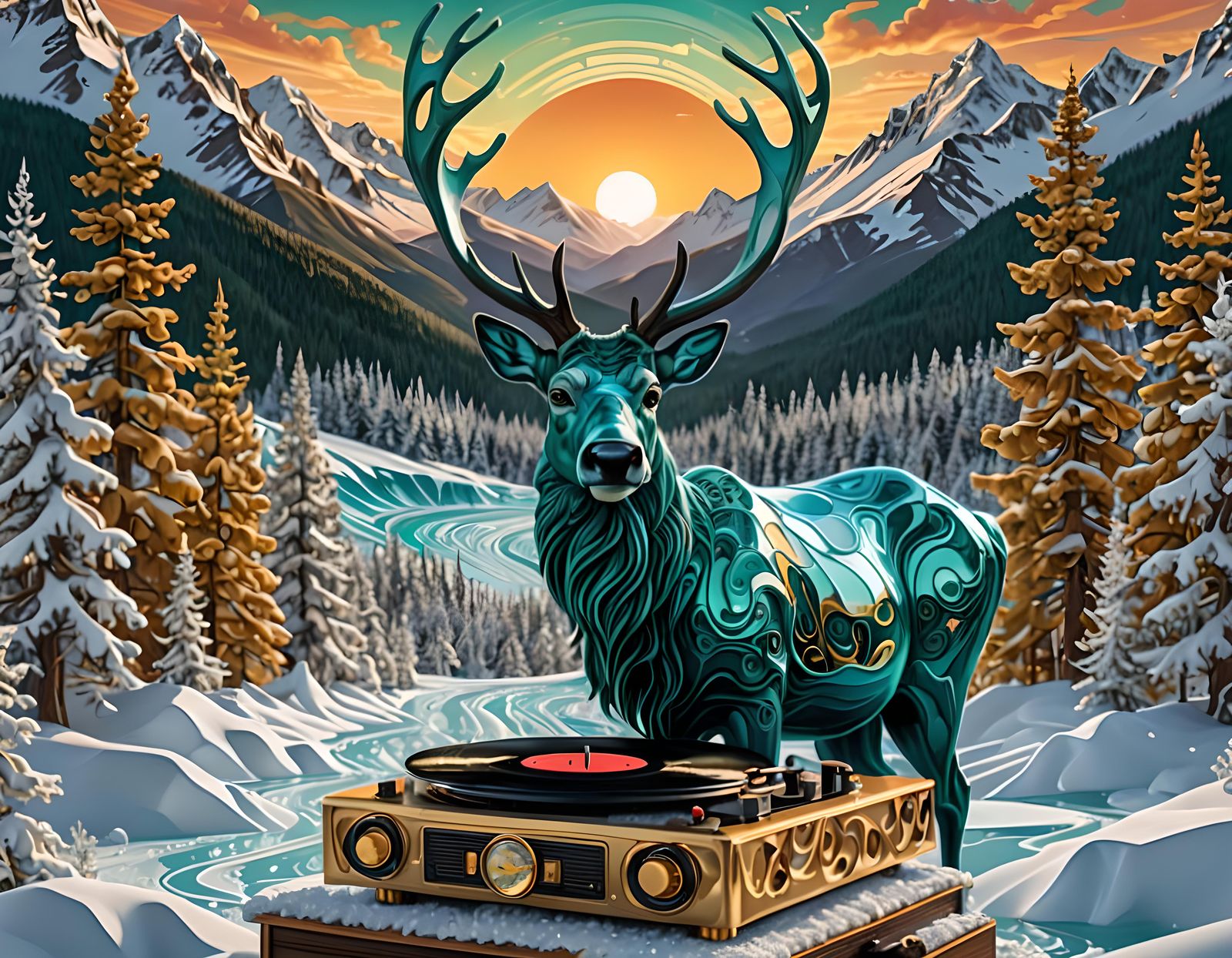Majestic Reindeer on Vinyl Record Player