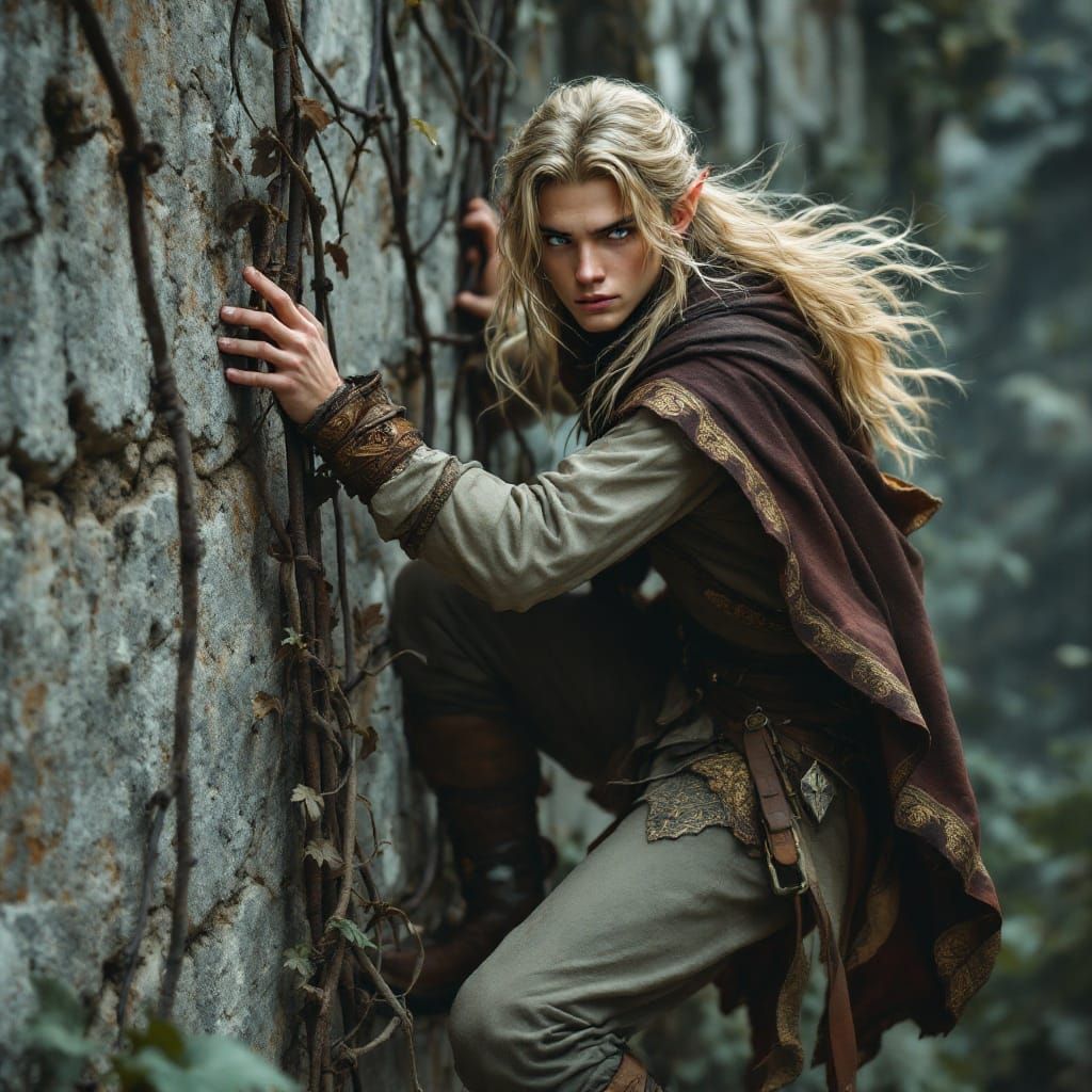 Elven Outlaw Climbs Weathered Stone Wall in Moody, High-Cont...
