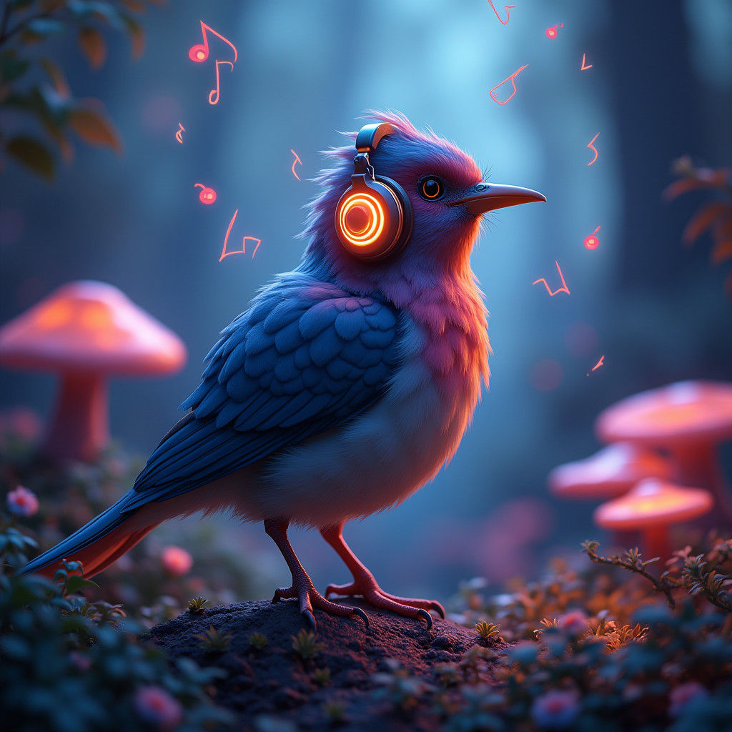 Beatboxing Bird in a Glowing Forest, Fantasy Concept Art