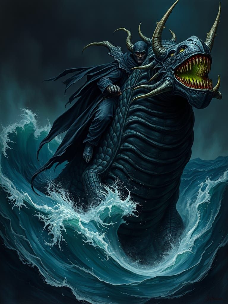 Dark Nazgul on Raging Sea Monster, Horror Movie Poster Art, ...