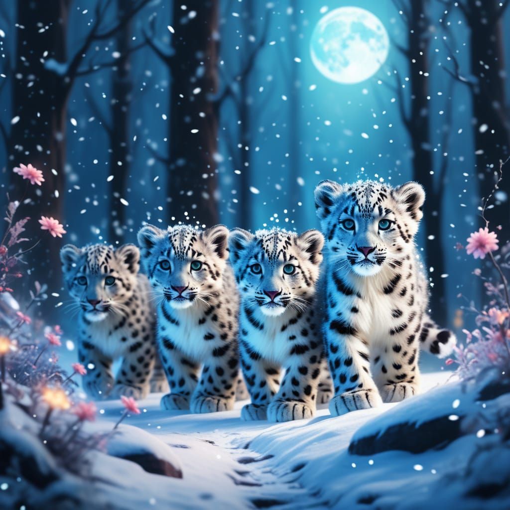 Adorable Snow Leopard Cubs in Dreamy Moonlit Forest