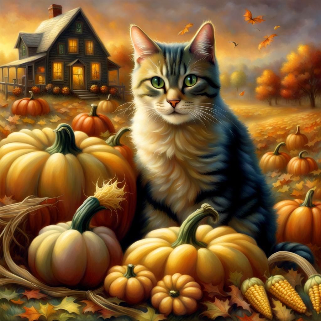 Autumn Harvest Scene with Cat in Ethereal Style